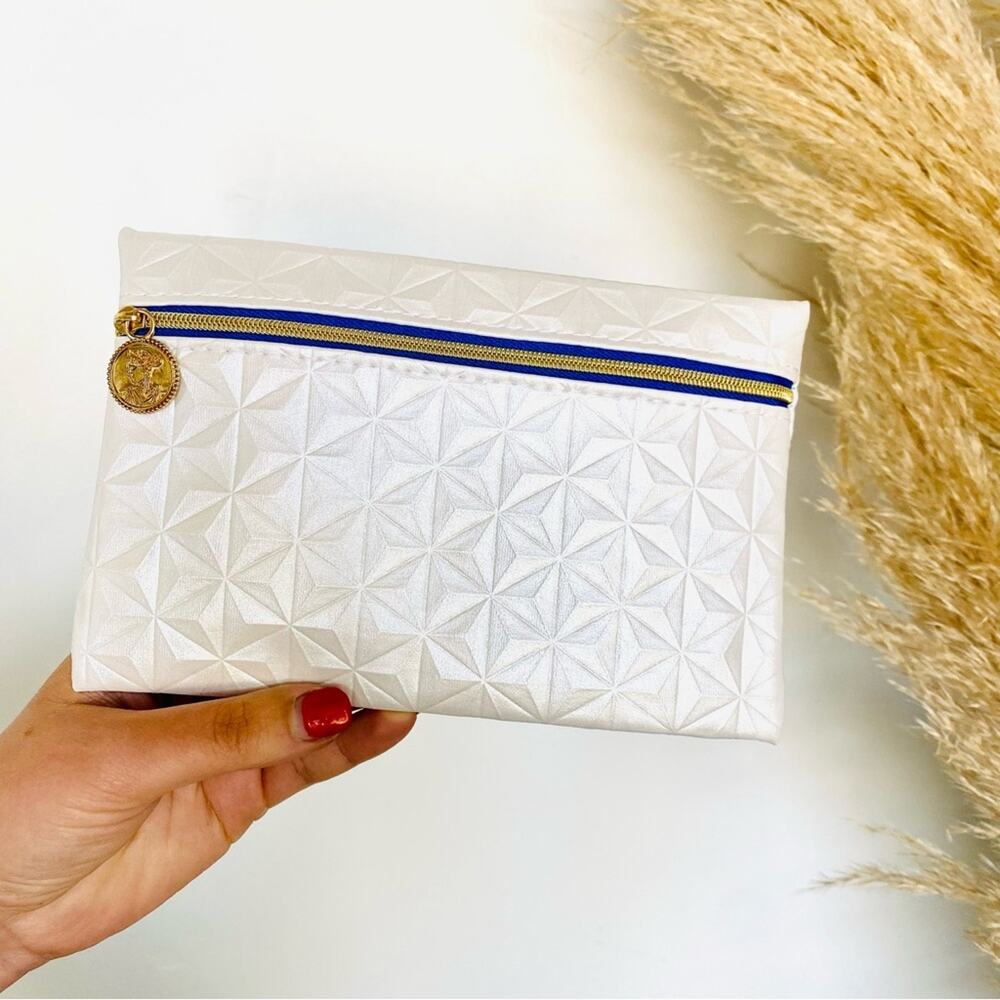 NEW ISPY White Embossed Geometric Print Blue Zipper Clutch Travel Cosmetic Bag